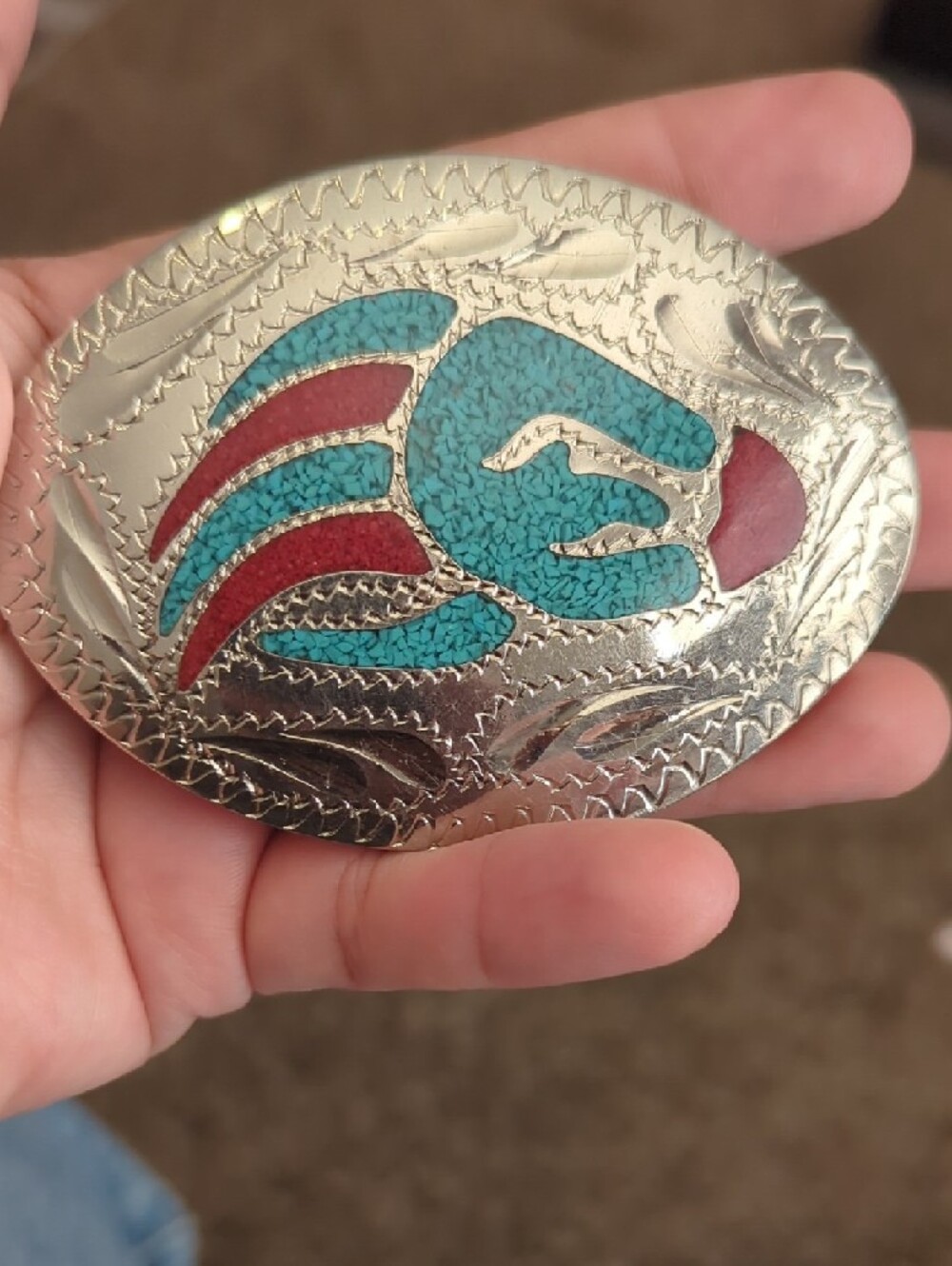 Silver Oval Belt Buckle with Turquoise & Red Inlay Native Craftsman